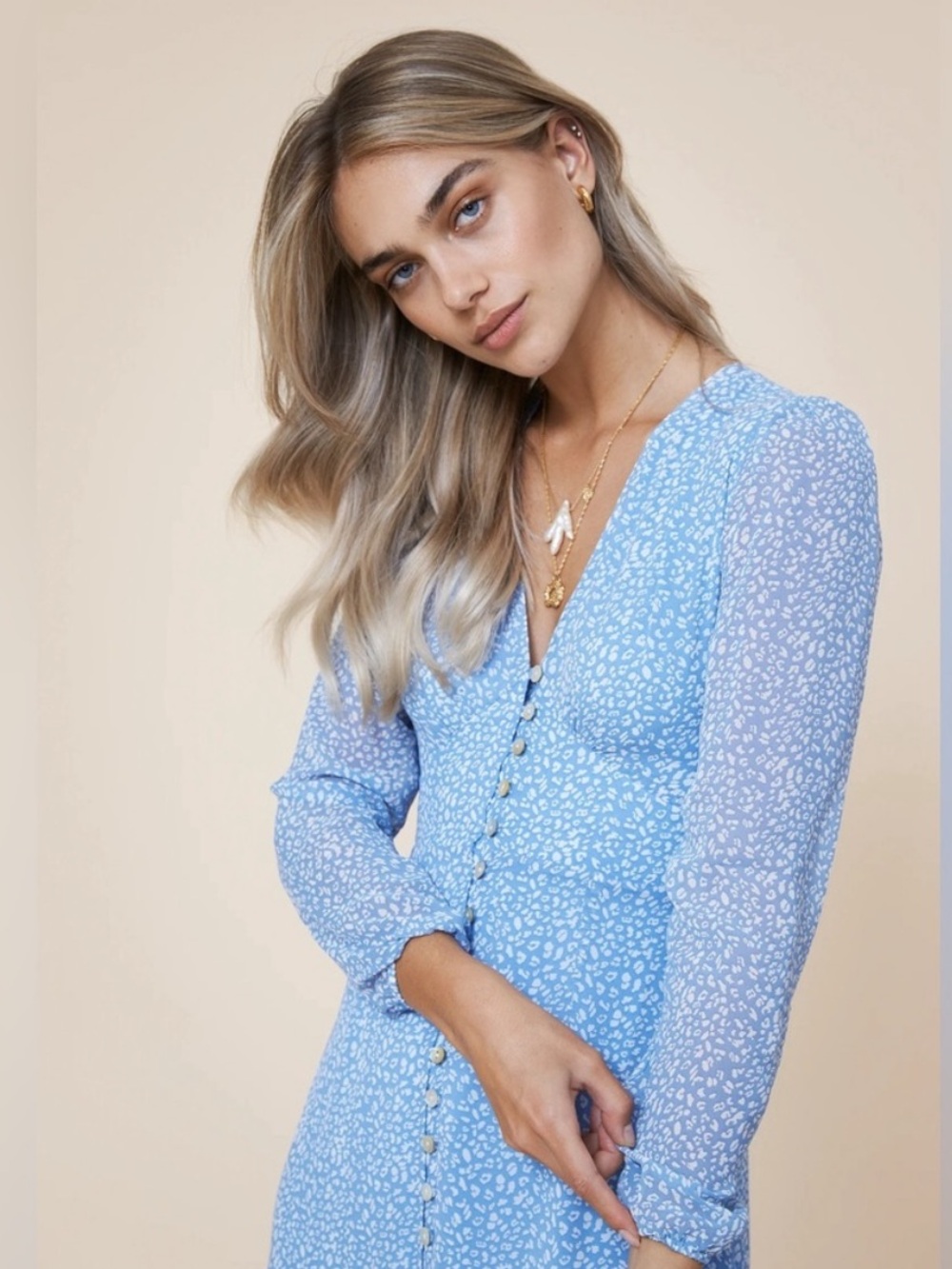 Adore Light Blue Floral Button-Front Long Sleeve Dress